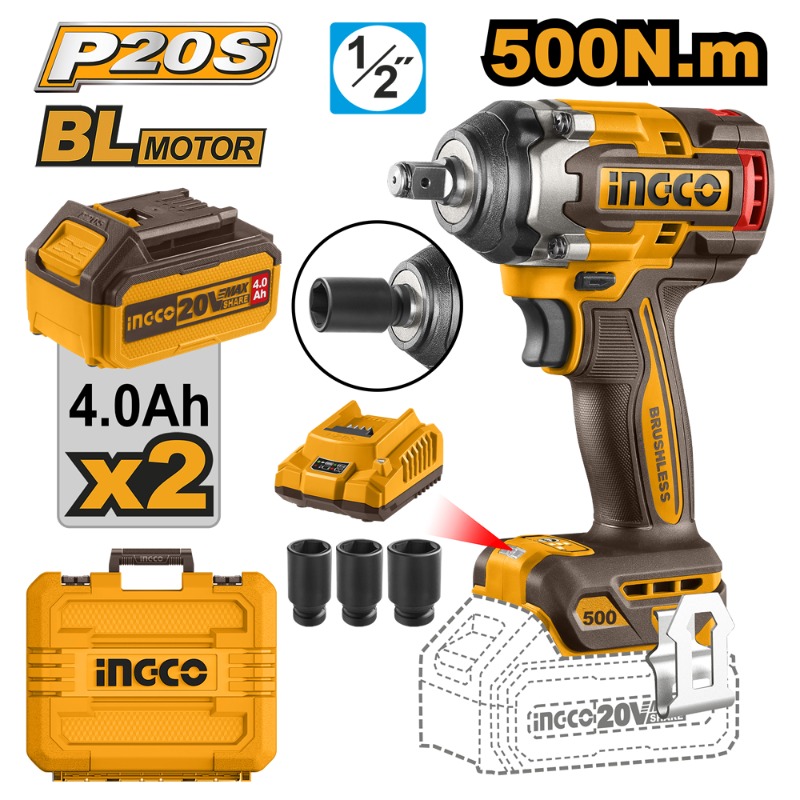 LLAVE IMPACTO 500Nm 1/2 20V 2 BAT 4,Ah INGCO (CIWLI2050)